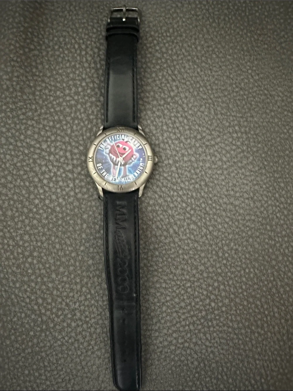 Mars M&M 1998 Limited Edition Black Leather Strap Novelty Watch Red Dial Accent